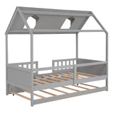 Davis Twin Size House Bed with Trundle, Roof and Fence, Grey