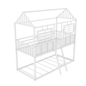 English Elm Twin Over House Shaped Metal Bunk Bed with Roofline Frame and Safety Rail MF293553AAK