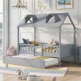 Twin Size House Bed Wood Bed with Twin Size Trundle ( Gray )