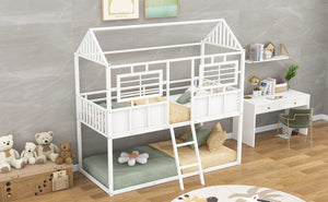 English Elm Twin Over House Shaped Metal Bunk Bed with Roofline Frame and Safety Rail MF293553AAK