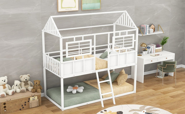 English Elm Twin Over House Shaped Metal Bunk Bed with Roofline Frame and Safety Rail MF293553AAK