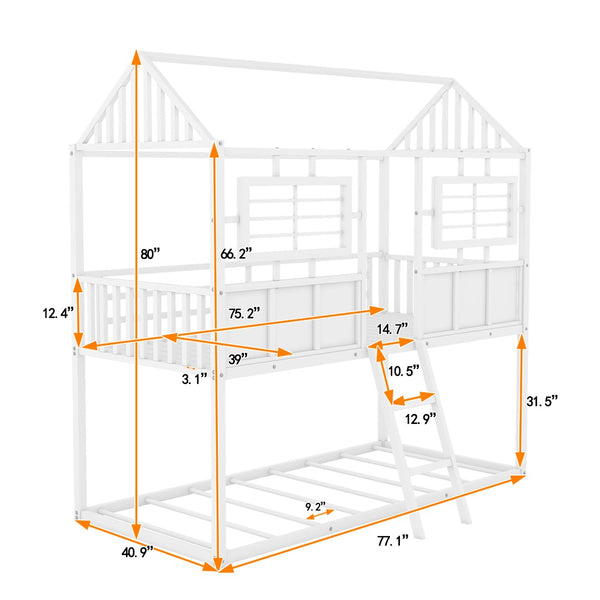 English Elm Twin Over House Shaped Metal Bunk Bed with Roofline Frame and Safety Rail MF293553AAK