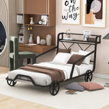 Hearth and Haven Twin Size Metal Car Bed with Four Wheels, Guardrails and X Shaped Frame Shelf, Black