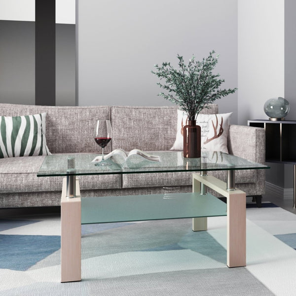 English Elm Rectangle Two Tier Tempered Glass Coffee Table Modern Iron Frame Living Room Accent Oak W241P367361