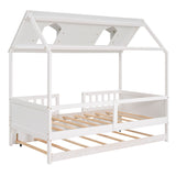 Hearth and Haven Davis Twin Size House Bed with Trundle, Roof and Fence, White LP000185AAK