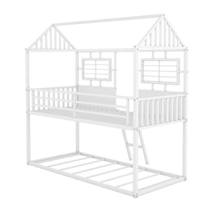 English Elm Twin Over House Shaped Metal Bunk Bed with Roofline Frame and Safety Rail MF293553AAK