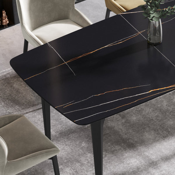 English Elm 63"Modern Sculptural Artificial Stone Dining Table With Black Curved Metal Legs For 6 People W1535S00156