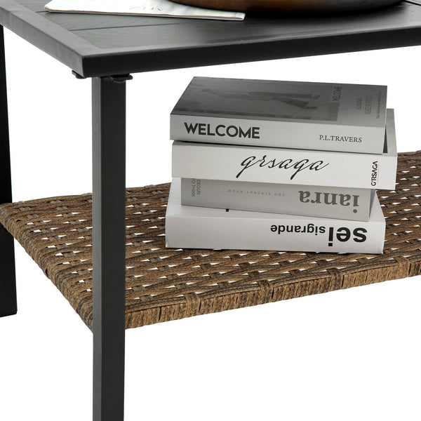 English Elm Patio 4 Piece Sectional Low Dining Conversation Sofa Set with Thick Cushions, Steel Table, Easy Assembly and Durable Rattan Wicker for Outdoor Living Grey W640S00032