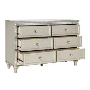 English Elm Luxury Six Drawer Champagne Dresser with Crystal Knobs and Mirrored Trim Glam Bedroom B01182314