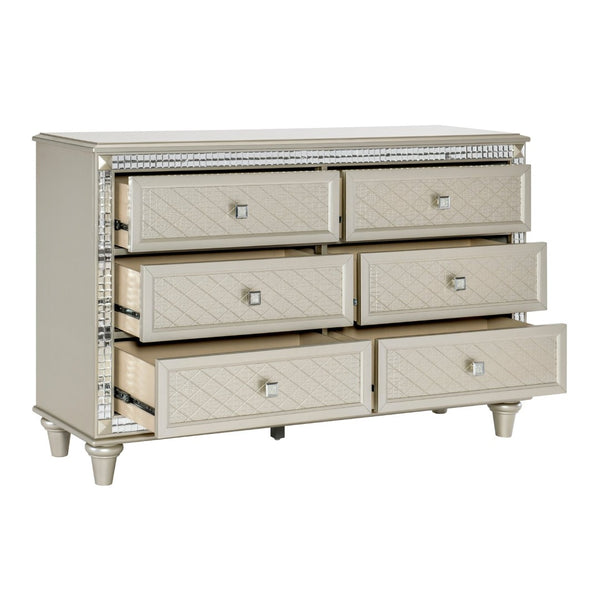 English Elm Luxury Six Drawer Champagne Dresser with Crystal Knobs and Mirrored Trim Glam Bedroom B01182314