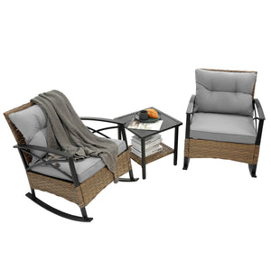 English Elm 3pcs outdoor rocking rattan set with sturdy steel frame, weatherproof wicker and cozy cushions for relaxing Grey W640134152