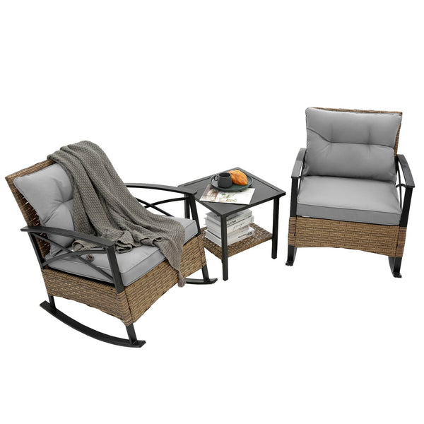 English Elm 3pcs outdoor rocking rattan set with sturdy steel frame, weatherproof wicker and cozy cushions for relaxing Grey W640134152