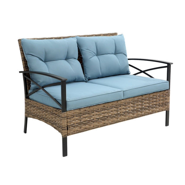 English Elm Patio 4 Piece Sectional Low Dining Conversation Sofa Set with Thick Cushions, Steel Table, Easy Assembly and Durable Rattan Wicker for Outdoor Living Blue W640S00033