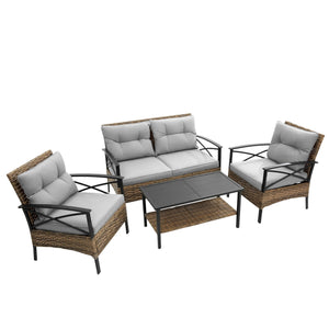 English Elm Patio 4 Piece Sectional Low Dining Conversation Sofa Set with Thick Cushions, Steel Table, Easy Assembly and Durable Rattan Wicker for Outdoor Living Grey W640S00032