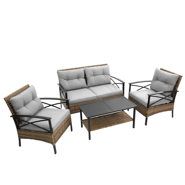 English Elm Patio 4 Piece Sectional Low Dining Conversation Sofa Set with Thick Cushions, Steel Table, Easy Assembly and Durable Rattan Wicker for Outdoor Living Grey W640S00032