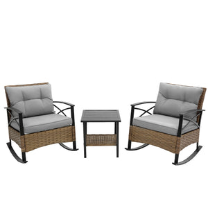 English Elm 3pcs outdoor rocking rattan set with sturdy steel frame, weatherproof wicker and cozy cushions for relaxing Grey W640134152