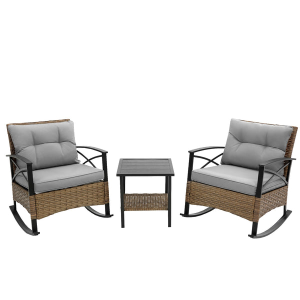 English Elm 3pcs outdoor rocking rattan set with sturdy steel frame, weatherproof wicker and cozy cushions for relaxing Grey W640134152