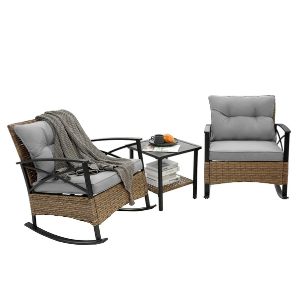 English Elm 3pcs outdoor rocking rattan set with sturdy steel frame, weatherproof wicker and cozy cushions for relaxing Grey W640134152