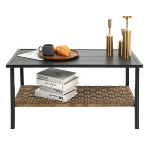 English Elm Patio 4 Piece Sectional Low Dining Conversation Sofa Set with Thick Cushions, Steel Table, Easy Assembly and Durable Rattan Wicker for Outdoor Living Grey W640S00032