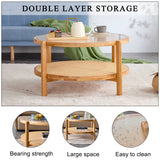 English Elm Modern Simple Circular Double-Layer Solid Wood Tea Table Rattan Woven Chinese Side Table Small Round Table Suitable For Living Room, Dining Room and Bedroom