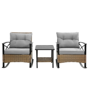 English Elm 3pcs outdoor rocking rattan set with sturdy steel frame, weatherproof wicker and cozy cushions for relaxing Grey W640134152
