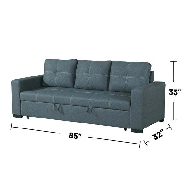English Elm 3 Seats Low-Profile Polyfiber Convertible Sleeper Sofa in Blue-Grey — Stylish Compact Guest Bed with Curved Arms and Stitched Detailing B01682375