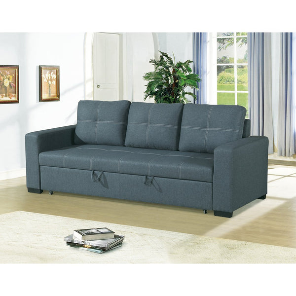 English Elm 3 Seats Low-Profile Polyfiber Convertible Sleeper Sofa in Blue-Grey — Stylish Compact Guest Bed with Curved Arms and Stitched Detailing B01682375