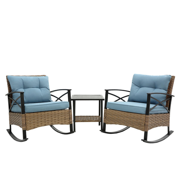 English Elm 3pcs outdoor rocking rattan set with sturdy steel frame, weatherproof wicker and cozy cushions for relaxing Blue W640134153