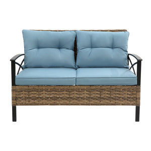 English Elm Patio 4 Piece Sectional Low Dining Conversation Sofa Set with Thick Cushions, Steel Table, Easy Assembly and Durable Rattan Wicker for Outdoor Living Blue W640S00033