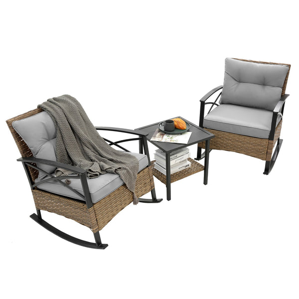 English Elm 3pcs outdoor rocking rattan set with sturdy steel frame, weatherproof wicker and cozy cushions for relaxing Grey W640134152