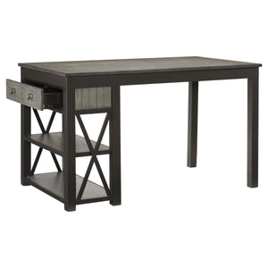 English Elm 1pc Elias Counter Height Table with Bookcase Side, Gray Acacia Veneer & Gunmetal Frame, Storage Drawers B011S00301