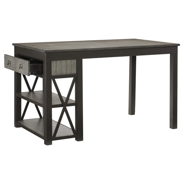 English Elm 1pc Elias Counter Height Table with Bookcase Side, Gray Acacia Veneer & Gunmetal Frame, Storage Drawers B011S00301