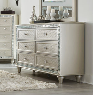 English Elm Luxury Six Drawer Champagne Dresser with Crystal Knobs and Mirrored Trim Glam Bedroom B01182314