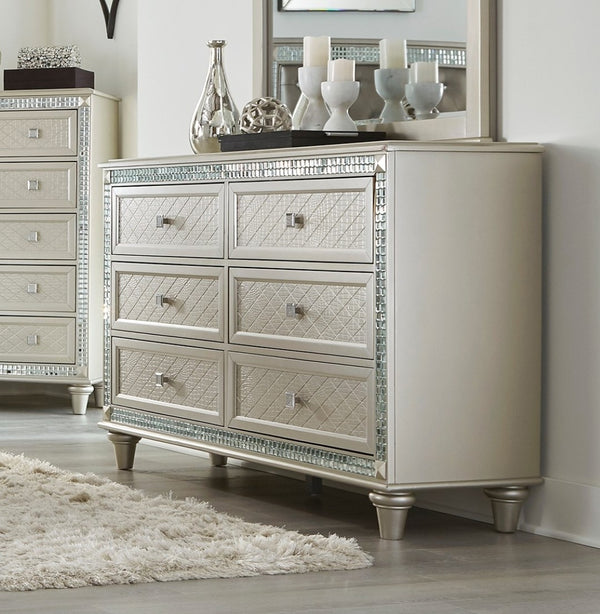 English Elm Luxury Six Drawer Champagne Dresser with Crystal Knobs and Mirrored Trim Glam Bedroom B01182314