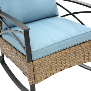 English Elm 3pcs outdoor rocking rattan set with sturdy steel frame, weatherproof wicker and cozy cushions for relaxing Blue W640134153