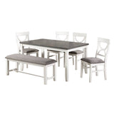 Contemporary 6-Piece White and Grey Dining Set with Upholstered Chairs, Bench | Sturdy Wood Frame, Two-Tone Finish - 60