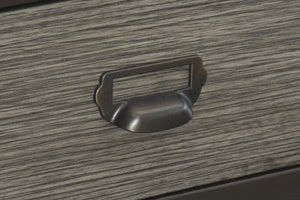 English Elm 1pc Elias Counter Height Table with Bookcase Side, Gray Acacia Veneer & Gunmetal Frame, Storage Drawers B011S00301