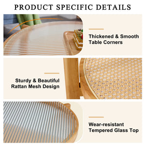 English Elm Modern solid wood circular double-layer tea table with rattan shelf, glass top, Japanese-Chinese style decor W1151104955