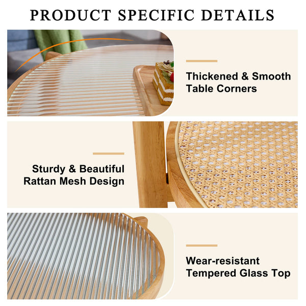 English Elm Modern solid wood circular double-layer tea table with rattan shelf, glass top, Japanese-Chinese style decor W1151104955