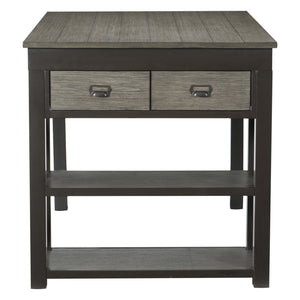 English Elm 1pc Elias Counter Height Table with Bookcase Side, Gray Acacia Veneer & Gunmetal Frame, Storage Drawers B011S00301