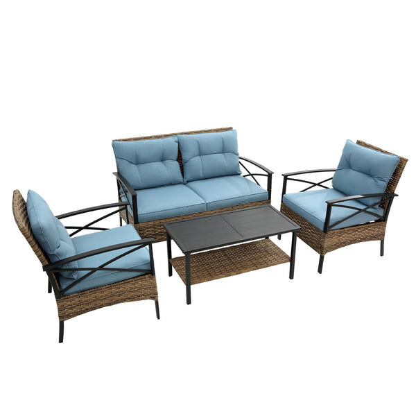 English Elm Patio 4 Piece Sectional Low Dining Conversation Sofa Set with Thick Cushions, Steel Table, Easy Assembly and Durable Rattan Wicker for Outdoor Living Blue W640S00033