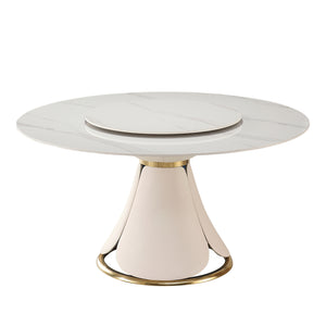 English Elm 59.05"Modern sintered stone dining table with 31.5" turntable and ergonomic foam chairs, stainproof elegance Beige+White W509S00122