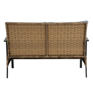 English Elm Patio 4 Piece Sectional Low Dining Conversation Sofa Set with Thick Cushions, Steel Table, Easy Assembly and Durable Rattan Wicker for Outdoor Living Blue W640S00033