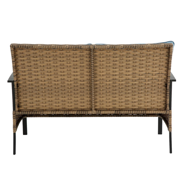 English Elm Patio 4 Piece Sectional Low Dining Conversation Sofa Set with Thick Cushions, Steel Table, Easy Assembly and Durable Rattan Wicker for Outdoor Living Blue W640S00033