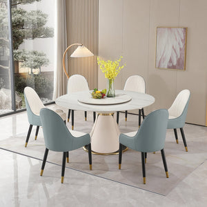 English Elm 59.05"Modern sintered stone dining table with 31.5" turntable and ergonomic foam chairs, stainproof elegance Beige+White W509S00122
