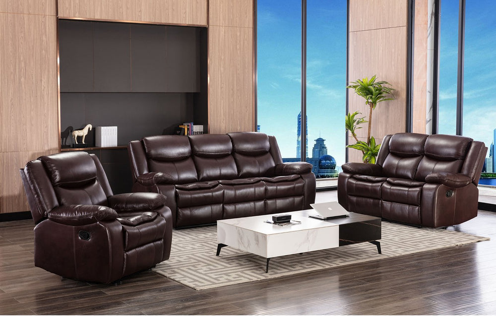 English Elm 1+2+3 Leather reclining sectional set with pocket springs, pillow-top arms, storage, solid frame comfort Dark Brown W791S00010