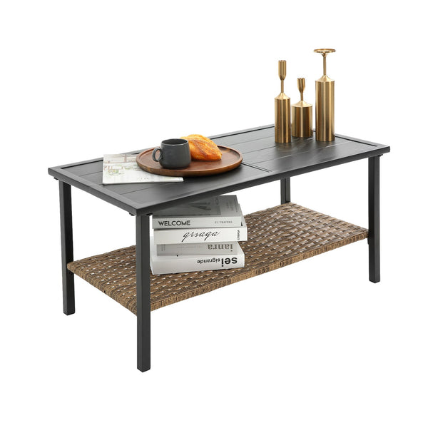 English Elm Patio 4 Piece Sectional Low Dining Conversation Sofa Set with Thick Cushions, Steel Table, Easy Assembly and Durable Rattan Wicker for Outdoor Living Grey W640S00032