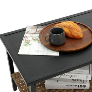 English Elm Patio 4 Piece Sectional Low Dining Conversation Sofa Set with Thick Cushions, Steel Table, Easy Assembly and Durable Rattan Wicker for Outdoor Living Grey W640S00032