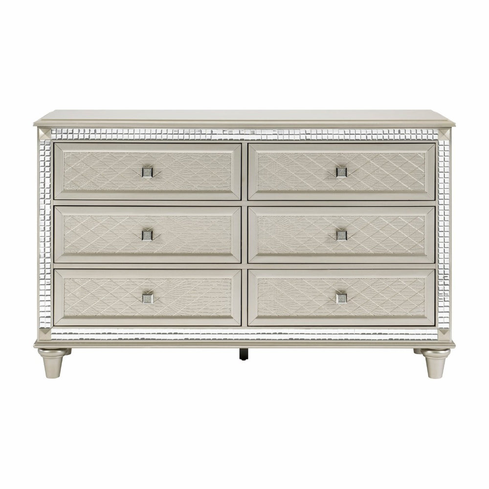 English Elm Luxury Six Drawer Champagne Dresser with Crystal Knobs and Mirrored Trim Glam Bedroom B01182314