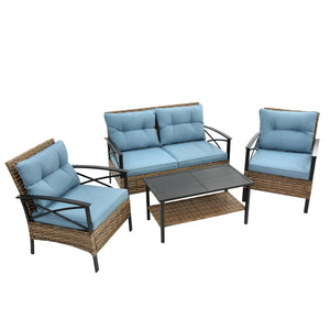 English Elm Patio 4 Piece Sectional Low Dining Conversation Sofa Set with Thick Cushions, Steel Table, Easy Assembly and Durable Rattan Wicker for Outdoor Living Blue W640S00033